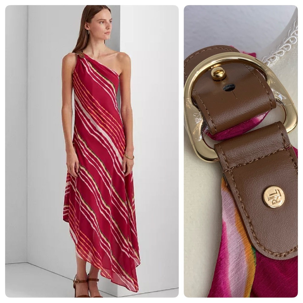 Lauren Ralph Lauren One-Shoulder Pink Striped Silk Dress